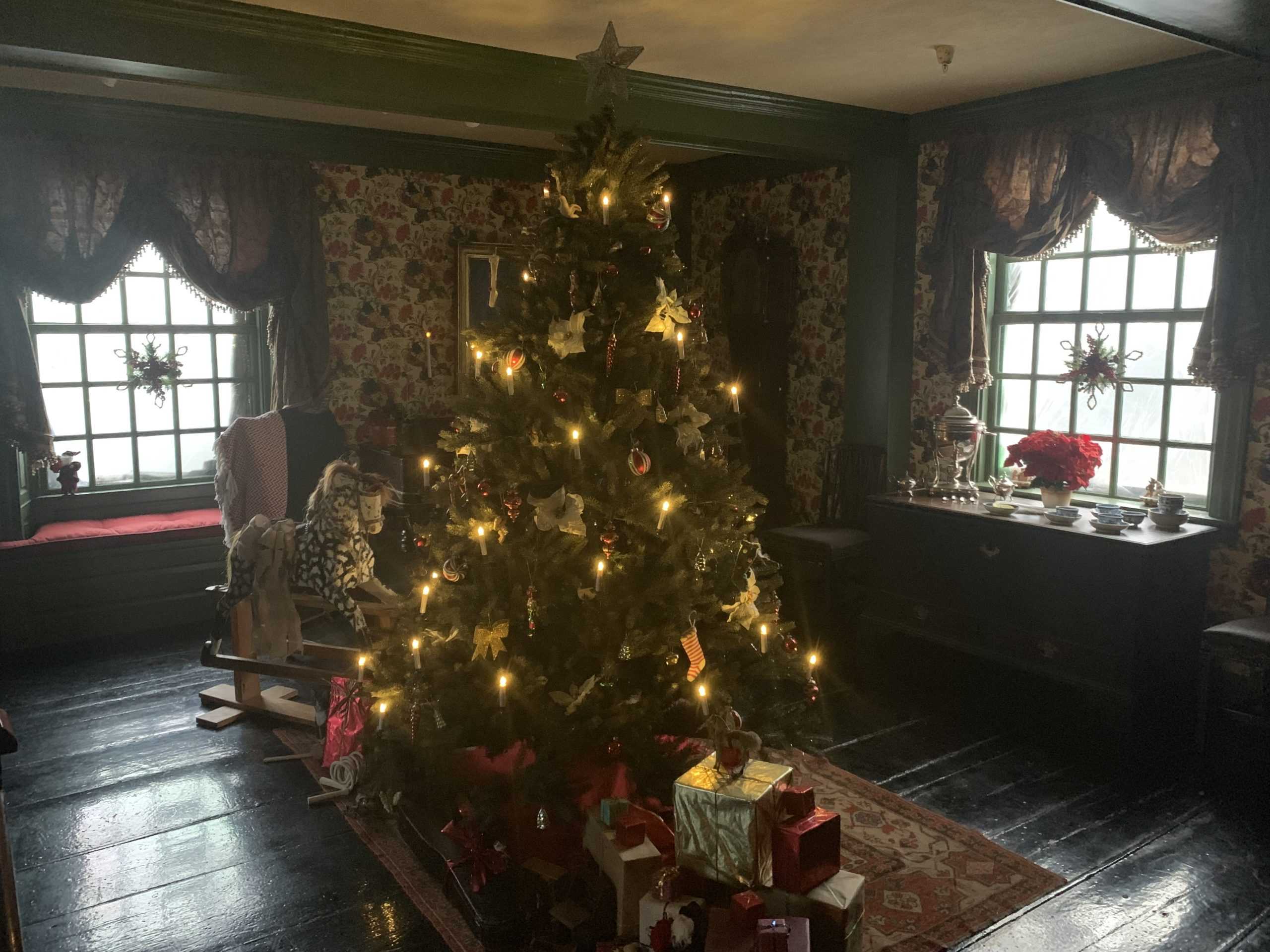 a decorated christmas tree in a living room.