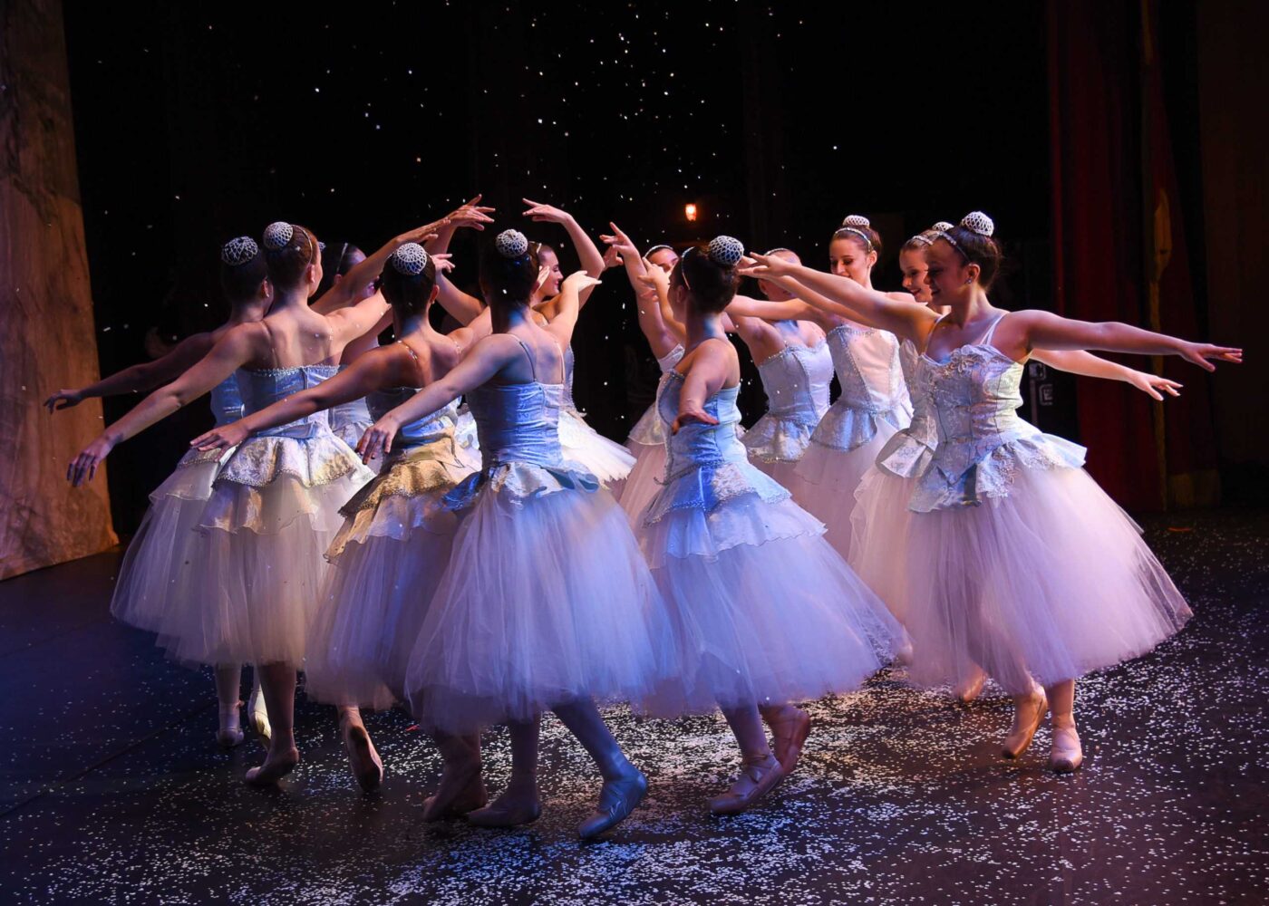 a group of ballerinas standing on a stage.