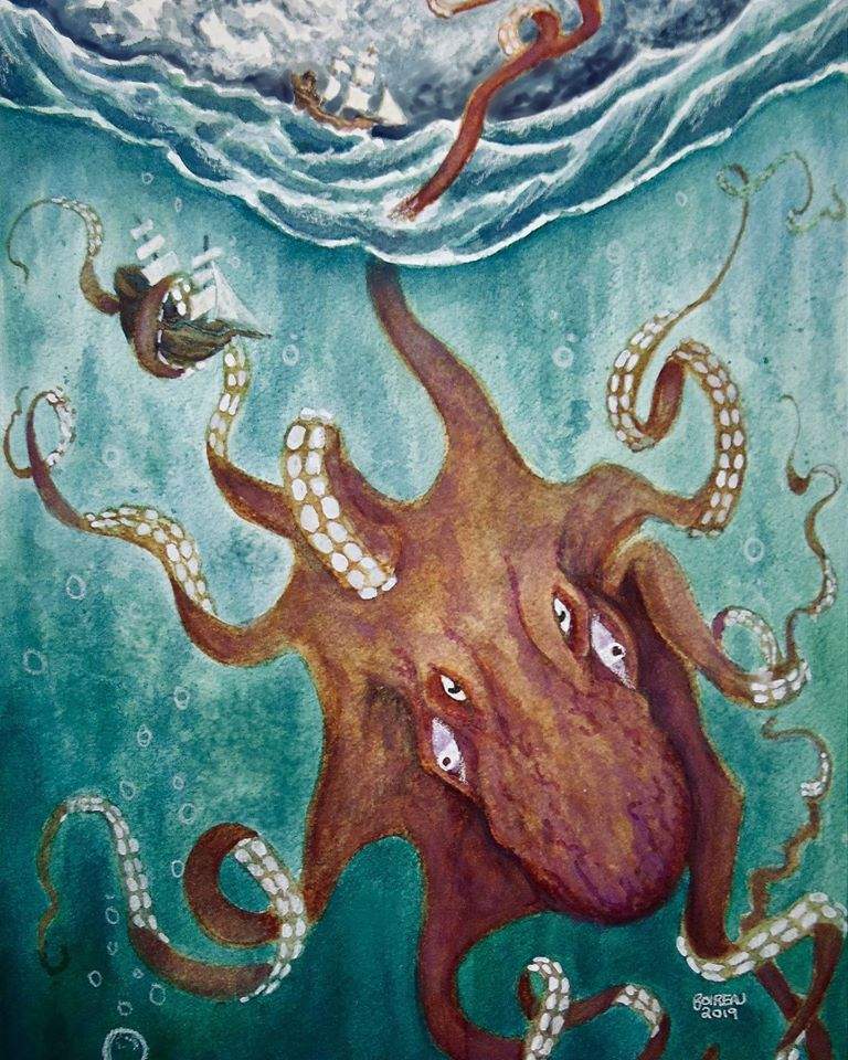 a painting of an octopus swimming in the ocean.