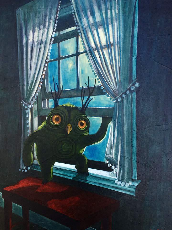 a painting of an owl looking out a window.