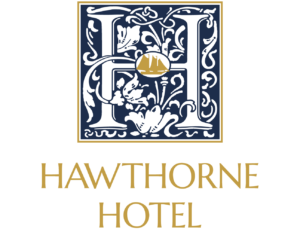 The Hawthorne Hotel logo features a stylish letter 'H' enhanced with floral designs and a touch of luxury with its central gold accent.