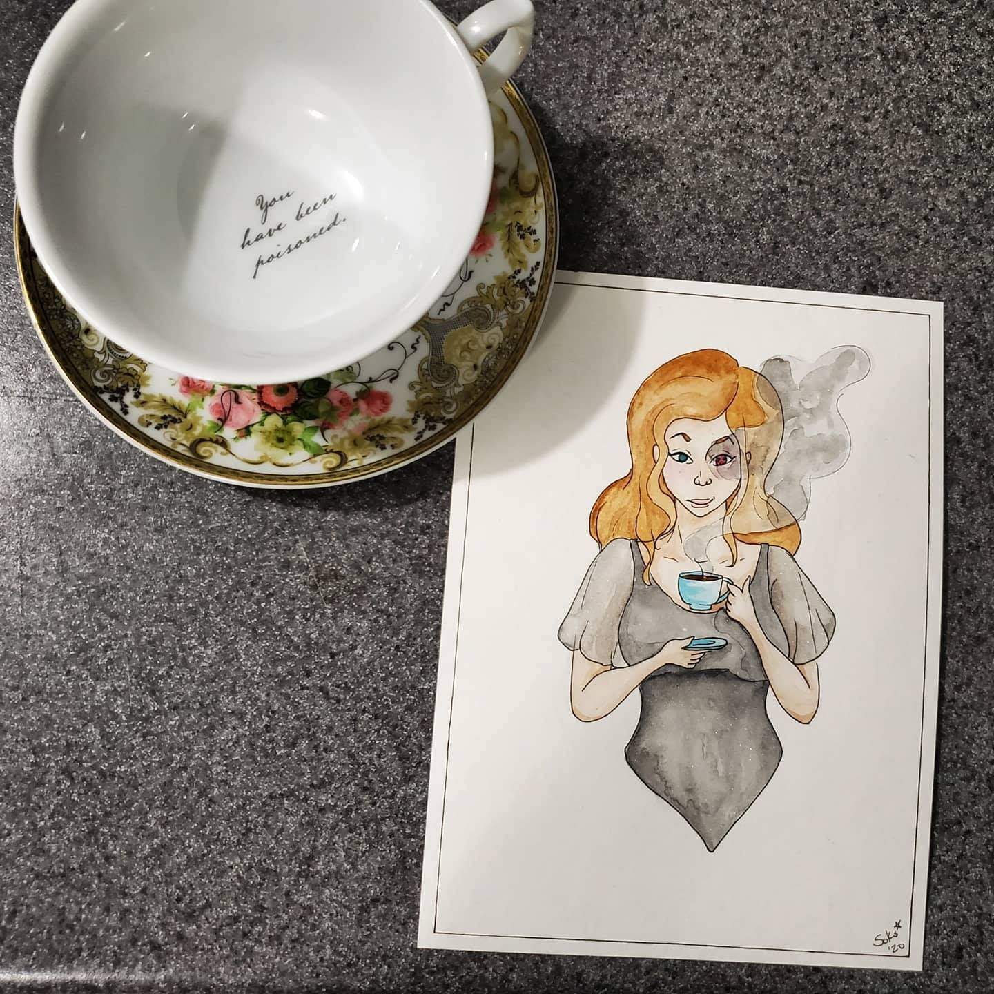a drawing of a woman holding a cup of coffee.