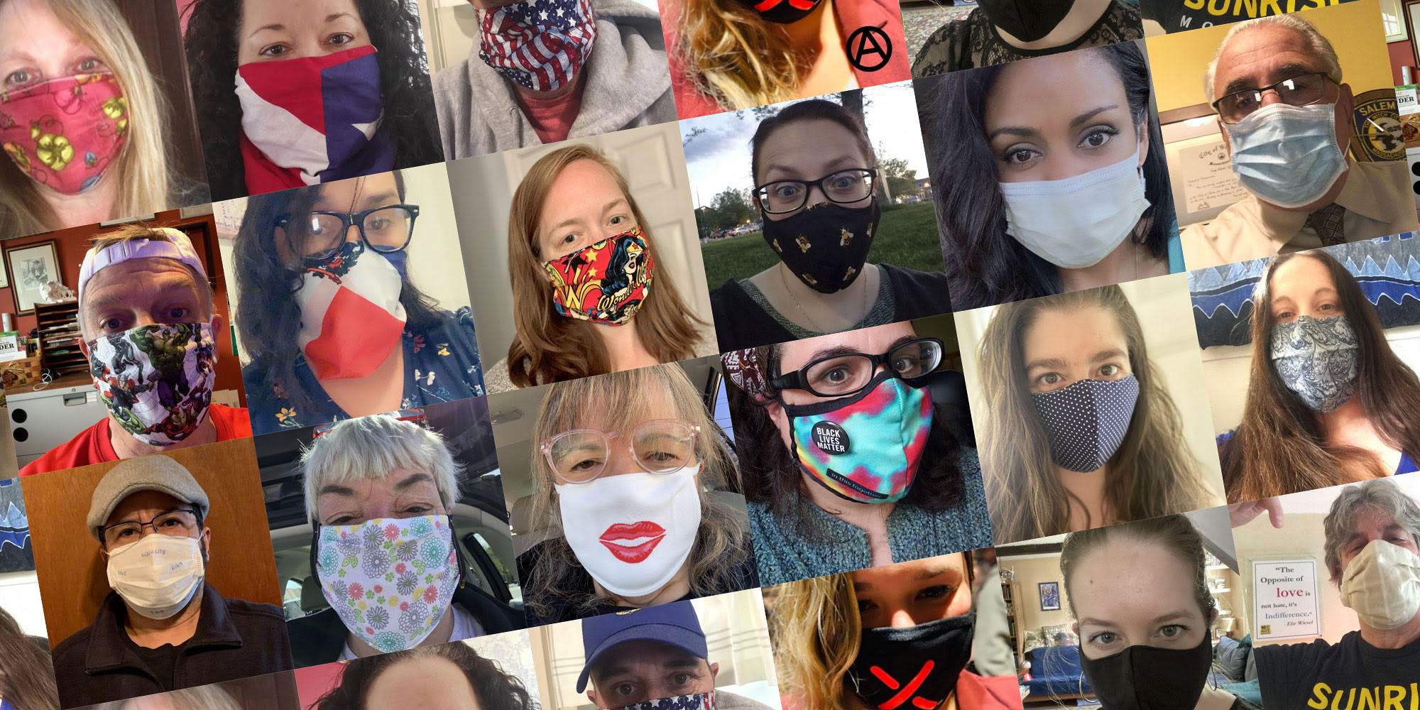 a collage of people wearing face masks.