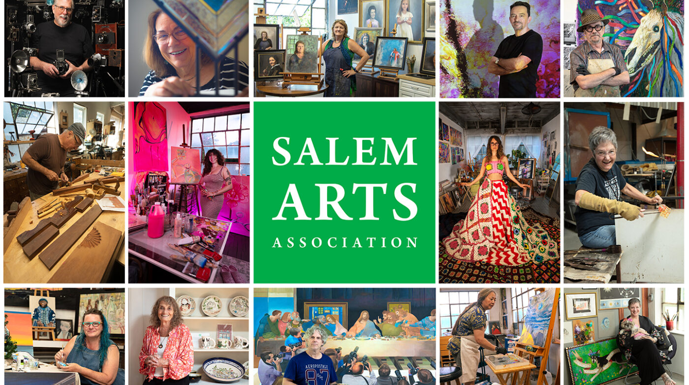 A lively collage of Salem Arts Association artists in colorful studios, celebrating Essex County’s creative spirit and vibrant community.