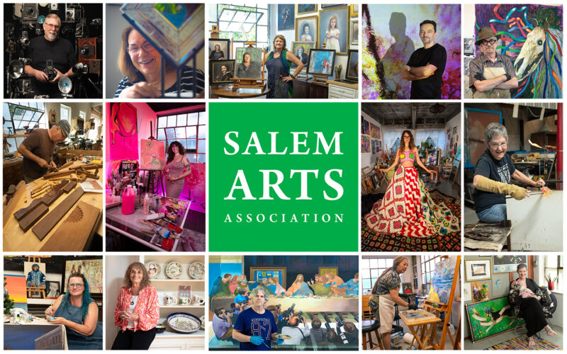 A lively collage of Salem Arts Association artists in colorful studios, celebrating Essex County’s creative spirit and vibrant community.