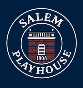 Vibrant logo of a lively brick building with arched window and 1808, “Salem Playhouse” encircling, radiating creative Salem spirit.