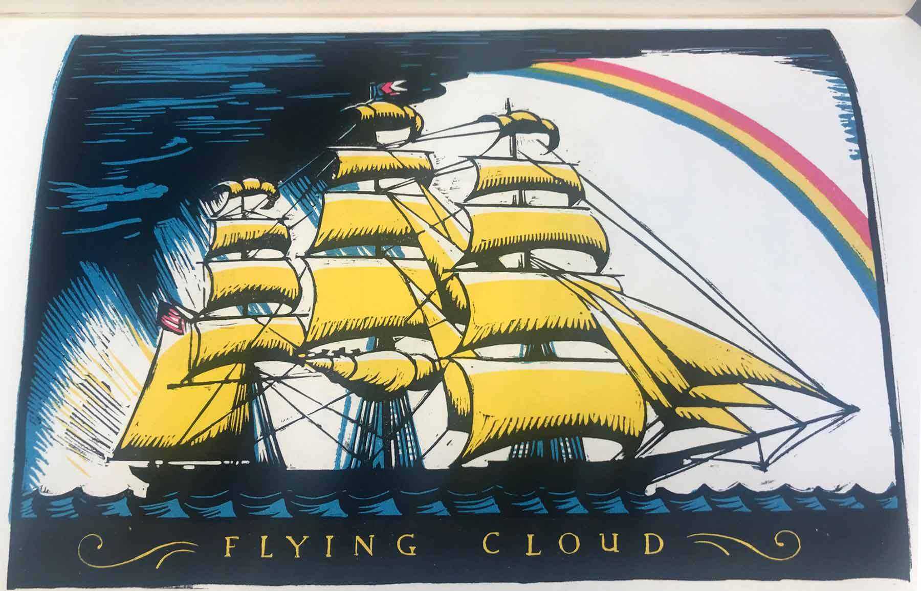 a drawing of a flying cloud ship with a rainbow in the background.