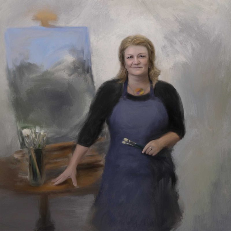 A painted portrait of Bobbie Bush, a blond artist in a blue apron and black shirt standing next to a landscape oil painting