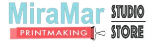 The logo for MiraMar Print Lab Studio Store uses a captivating mix of teal and red that truly captures the creative spirit of printmaking.