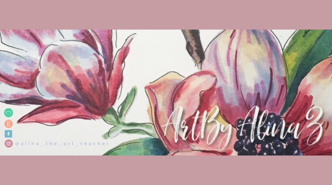 Bright and colorful floral watercolor art featuring lively petals and leaves. The image includes the text "Art by Alina Z" with social media icons and handle @alina_the_art_teacher on the left side.