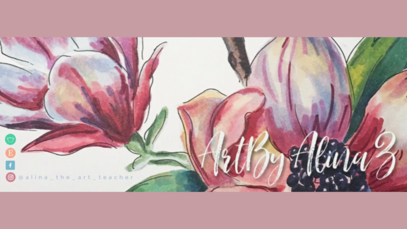 Bright and colorful floral watercolor art featuring lively petals and leaves. The image includes the text "Art by Alina Z" with social media icons and handle @alina_the_art_teacher on the left side.