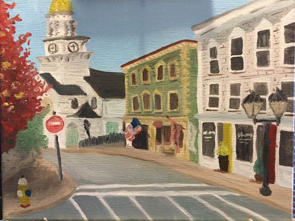 a painting of a street with a clock tower in the background.