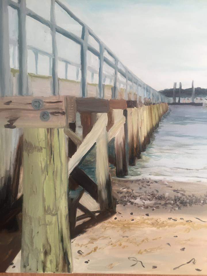 a painting of a wooden pier on a beach.