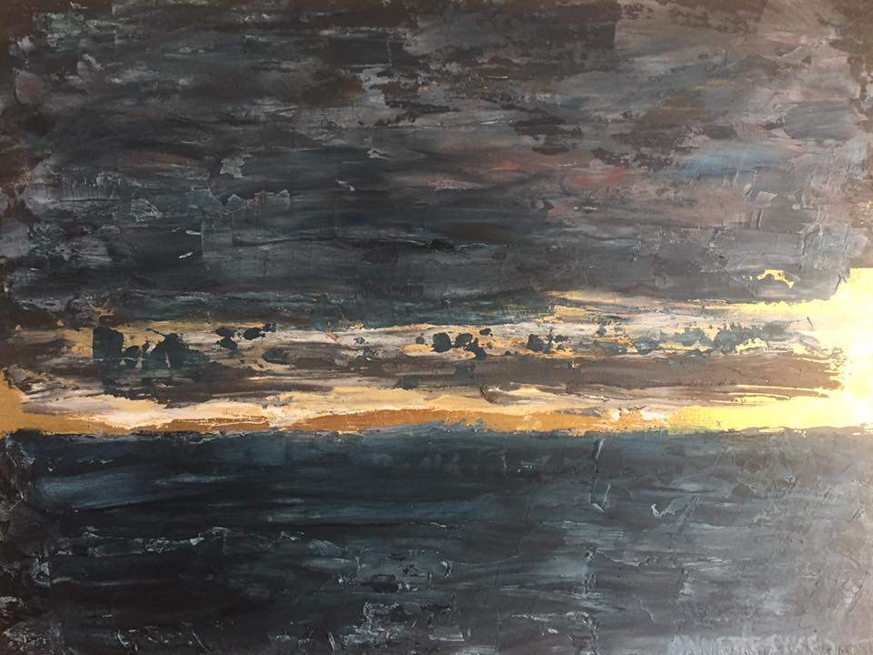 a painting of a sunset over a body of water.