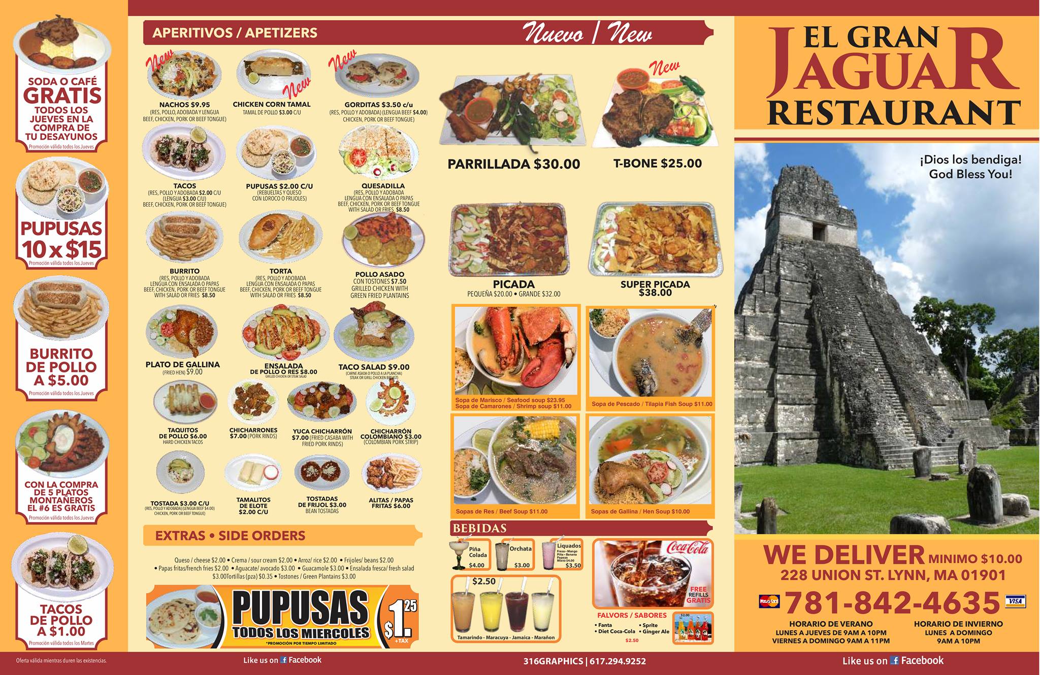 a menu for a mexican restaurant with pictures of food.