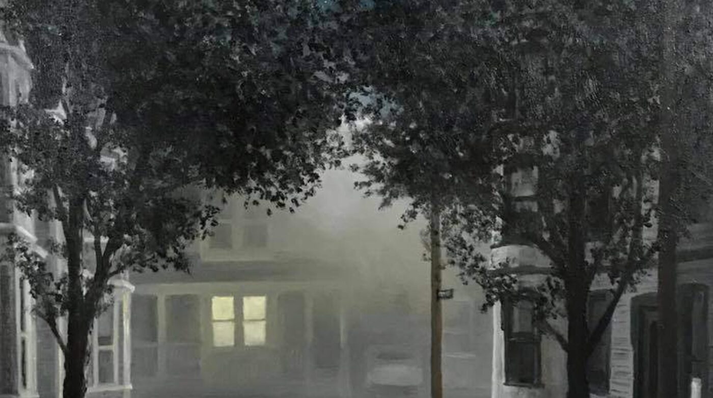 a painting of a street at night with trees.