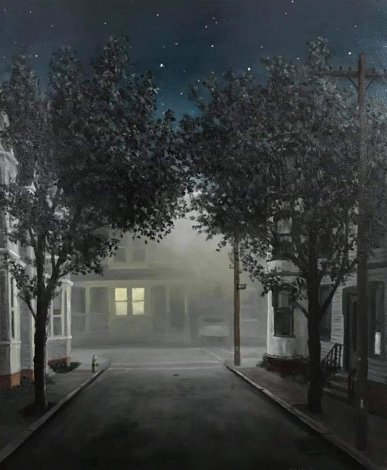 a painting of a street at night with trees.