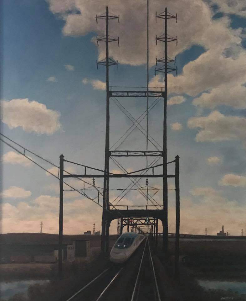 a painting of a train coming down the tracks.