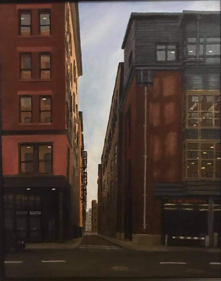 a painting of a city street with tall buildings.