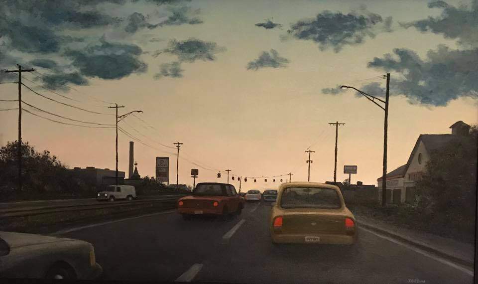a painting of cars driving down a street.