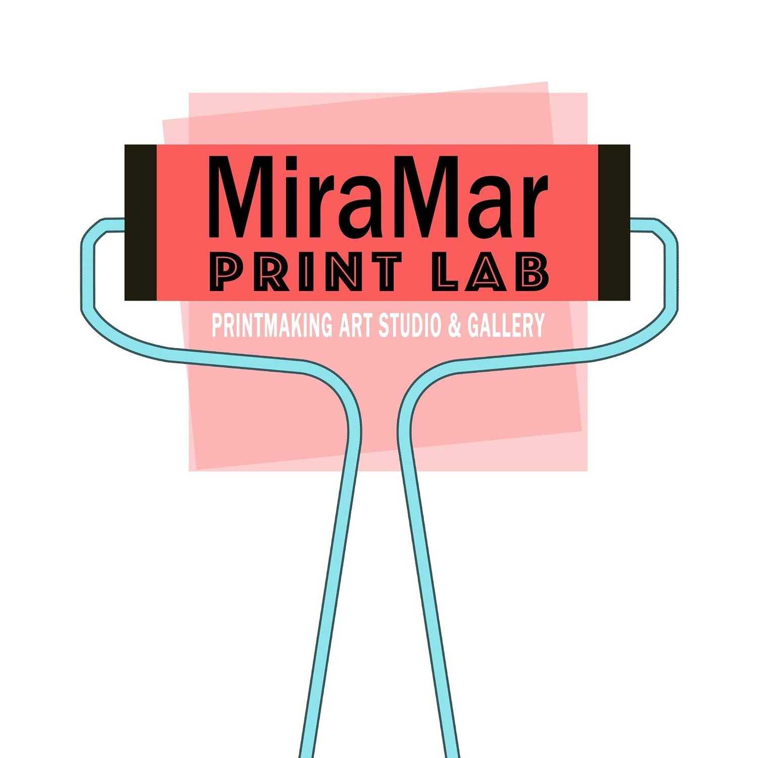 a pink poster with the words miramar print lab on it.