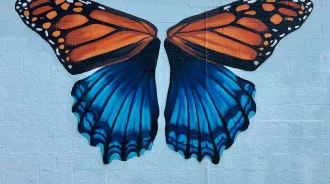 a blue and orange butterfly painted on the side of a building.