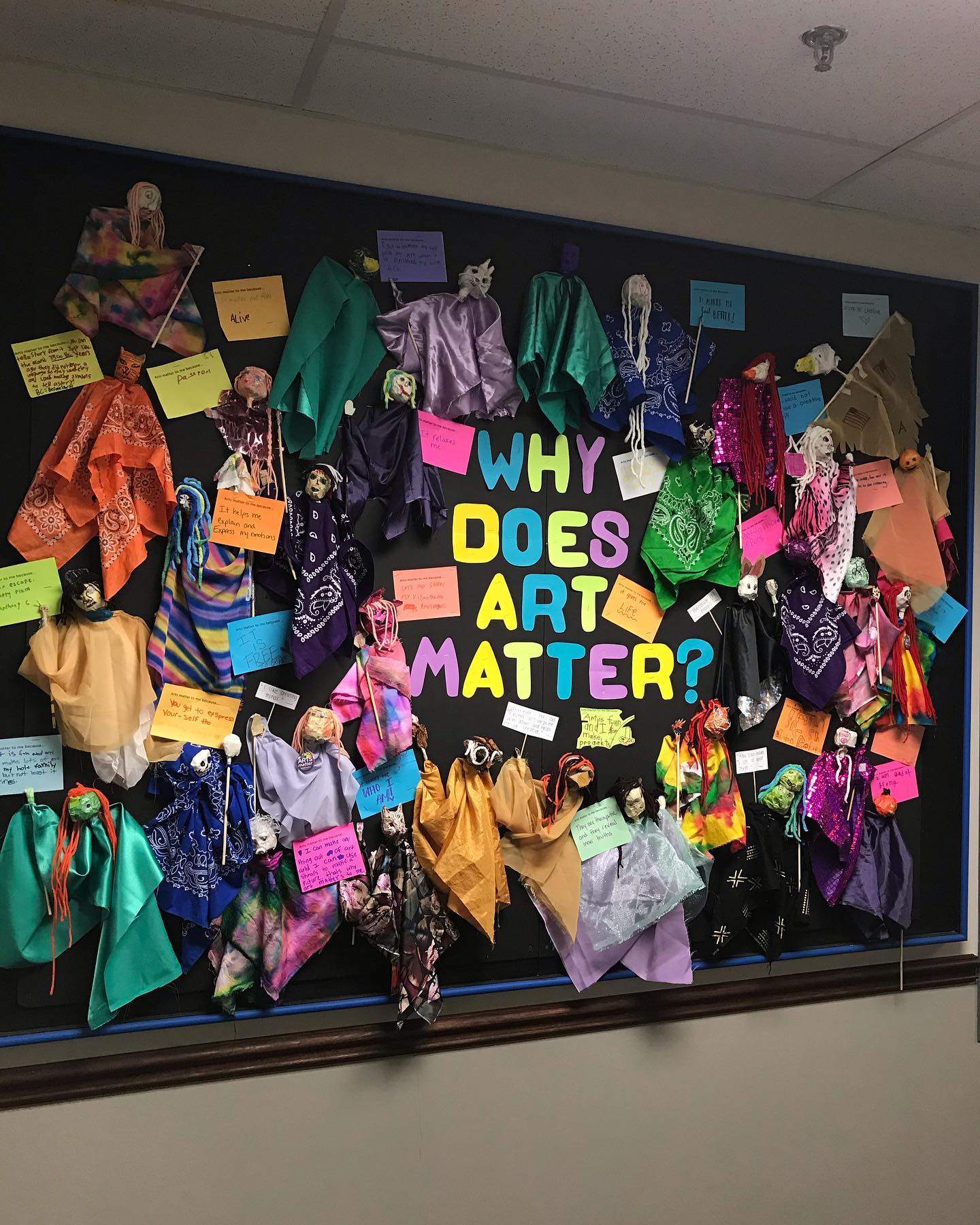 a bulletin board with a bunch of clothes on it.