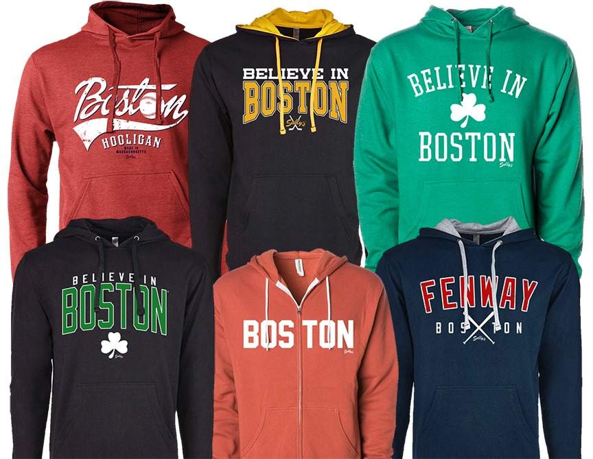 a group of four boston sweatshirts on a white background.