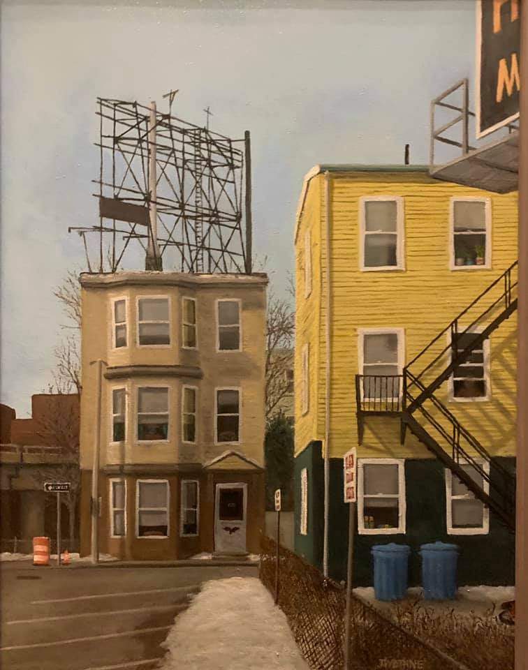 a painting of a building with a fire escape on top of it.