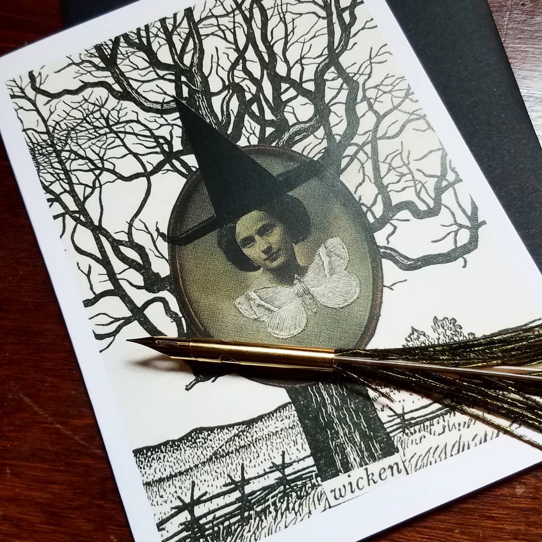 a card with a picture of a witch on it.