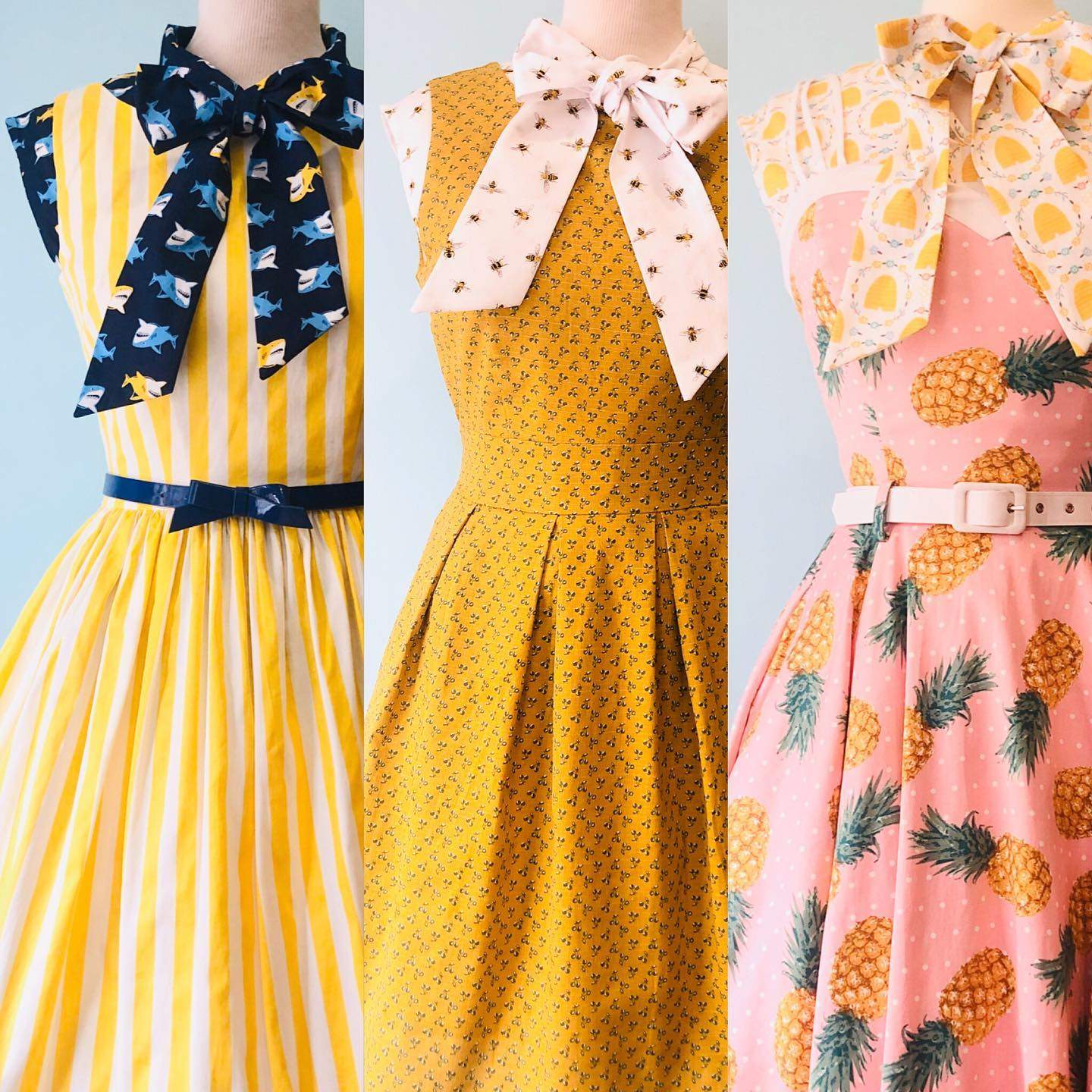 three dresses are shown with pineapples on them.