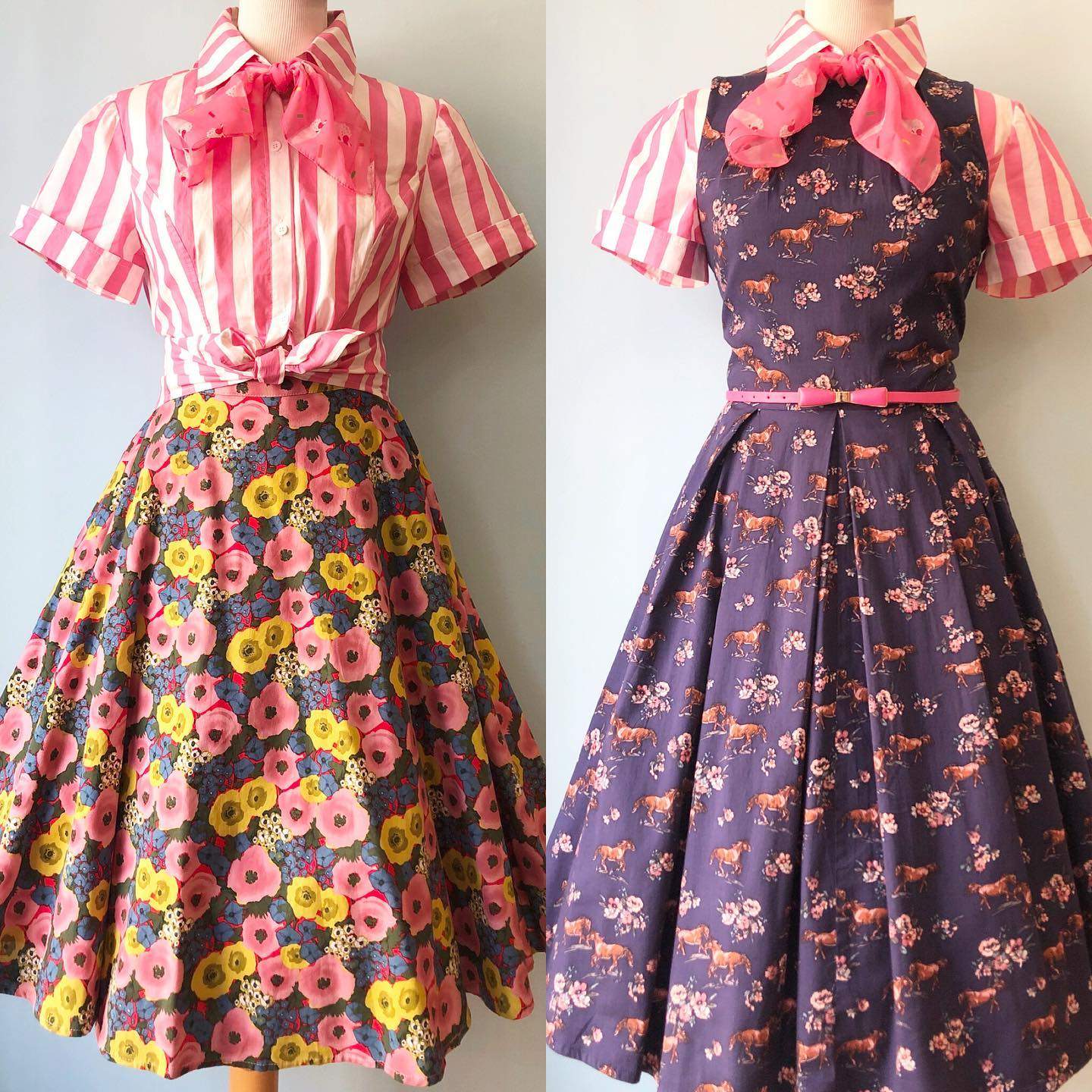 two dresses on mannequins, one with a bow and the other with.