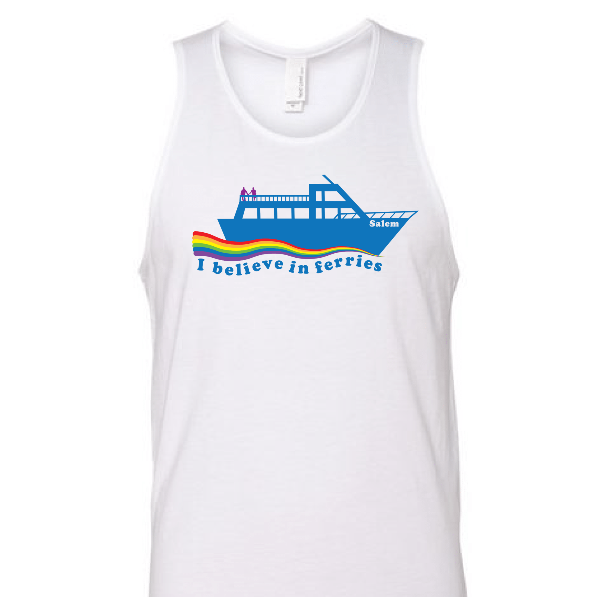 a white tank top with a blue boat on it.