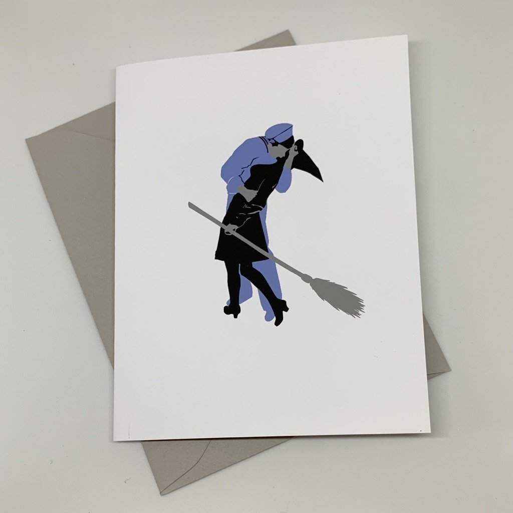 a card with a picture of a person holding a broom.