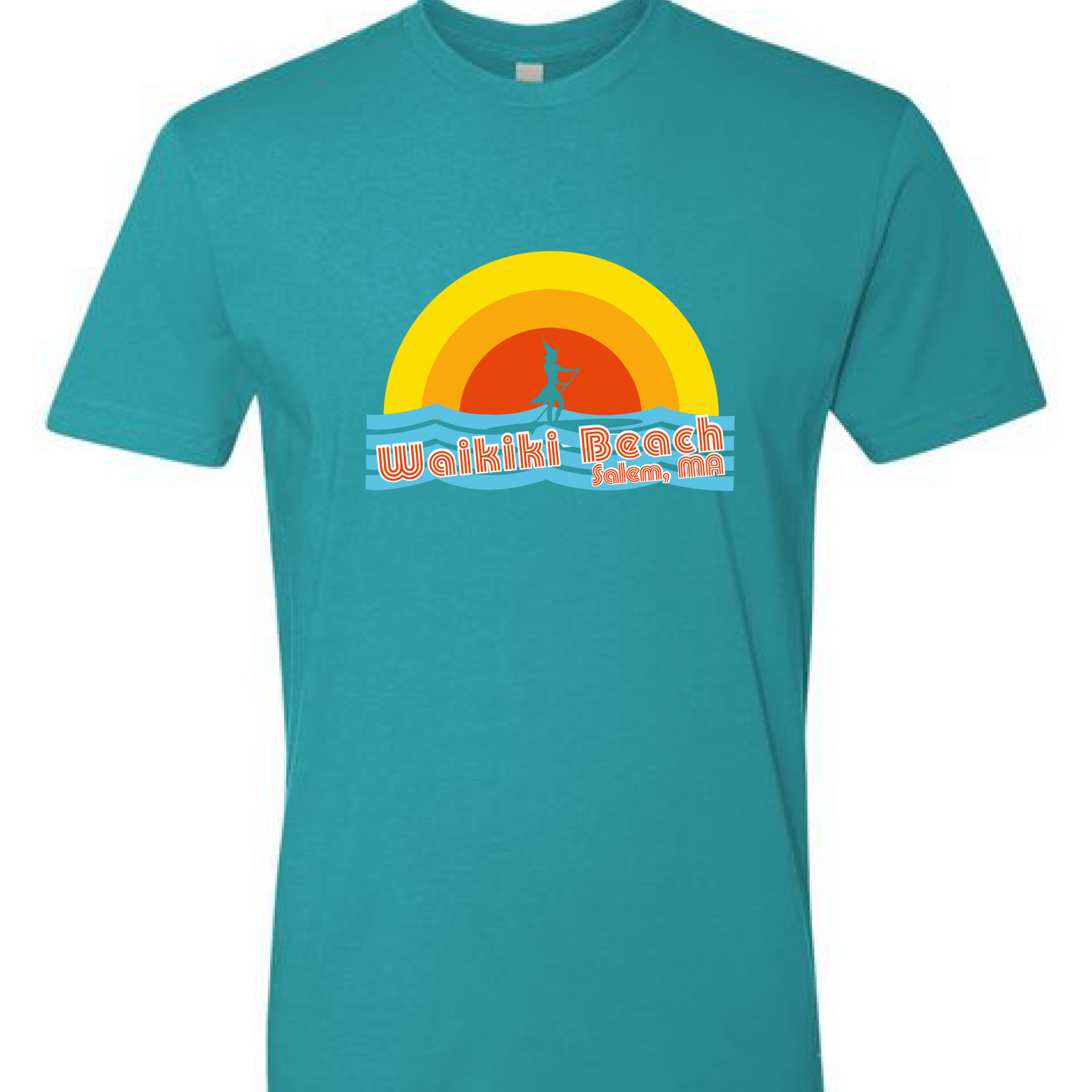 a blue t - shirt with a sunset and a lighthouse in the background.