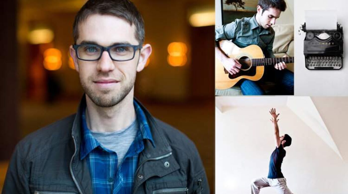 a man with a guitar and a man with a typewriter.