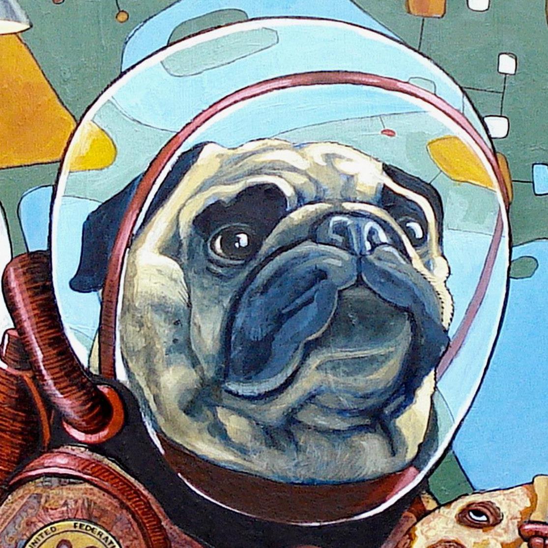 a painting of a pug wearing a space suit.