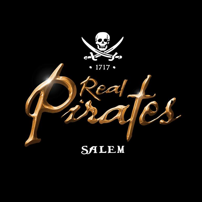 a black background with gold lettering that says real pirates salem.
