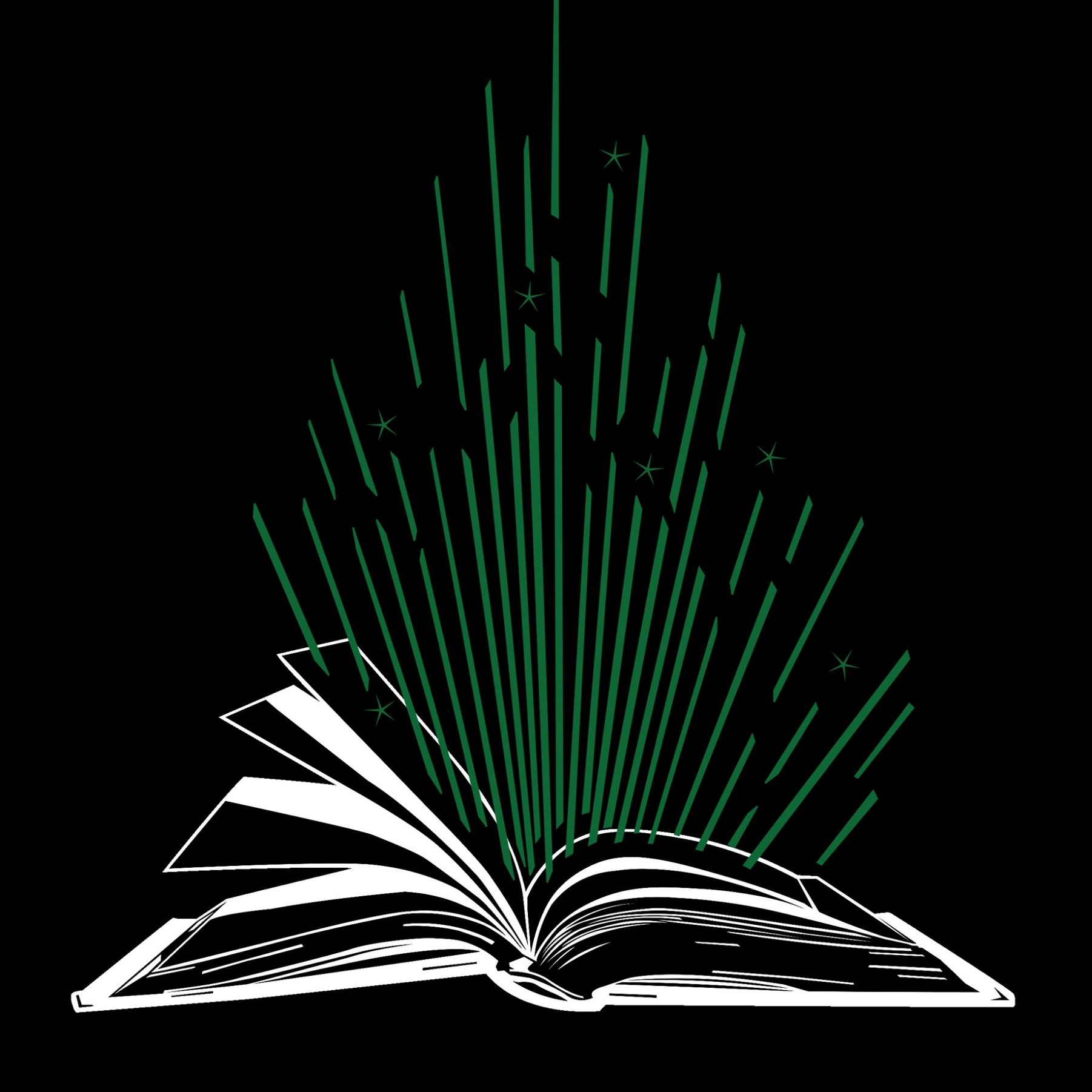 an open book with green lines coming out of it.