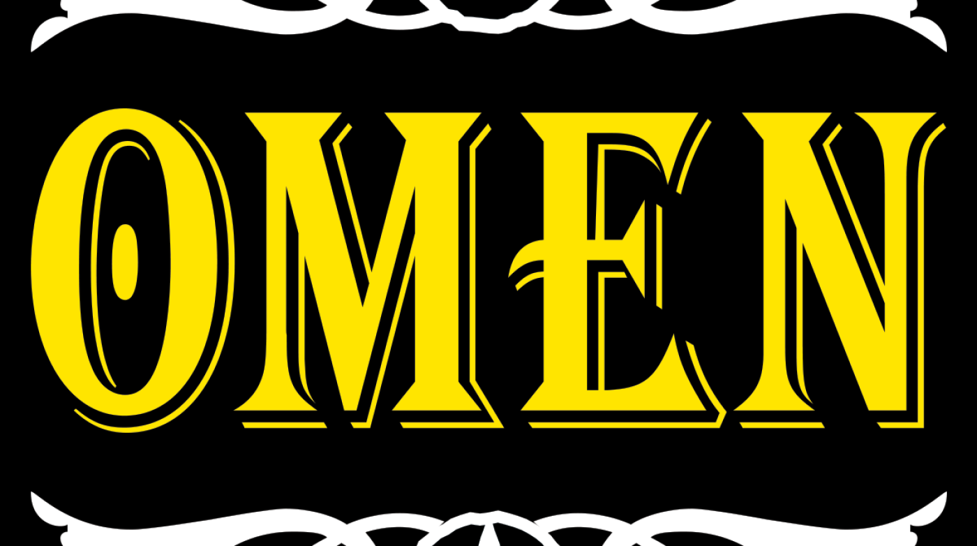 the word omen written in yellow on a black background.