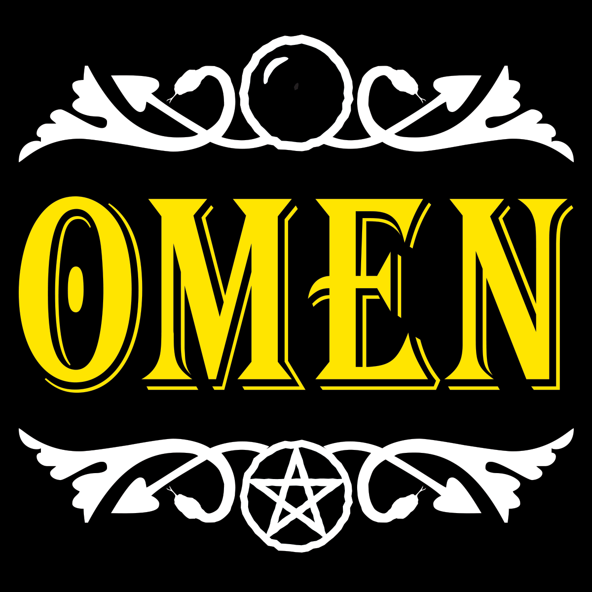 the word omen written in yellow on a black background.