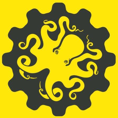 a black and yellow octopus on a yellow background.