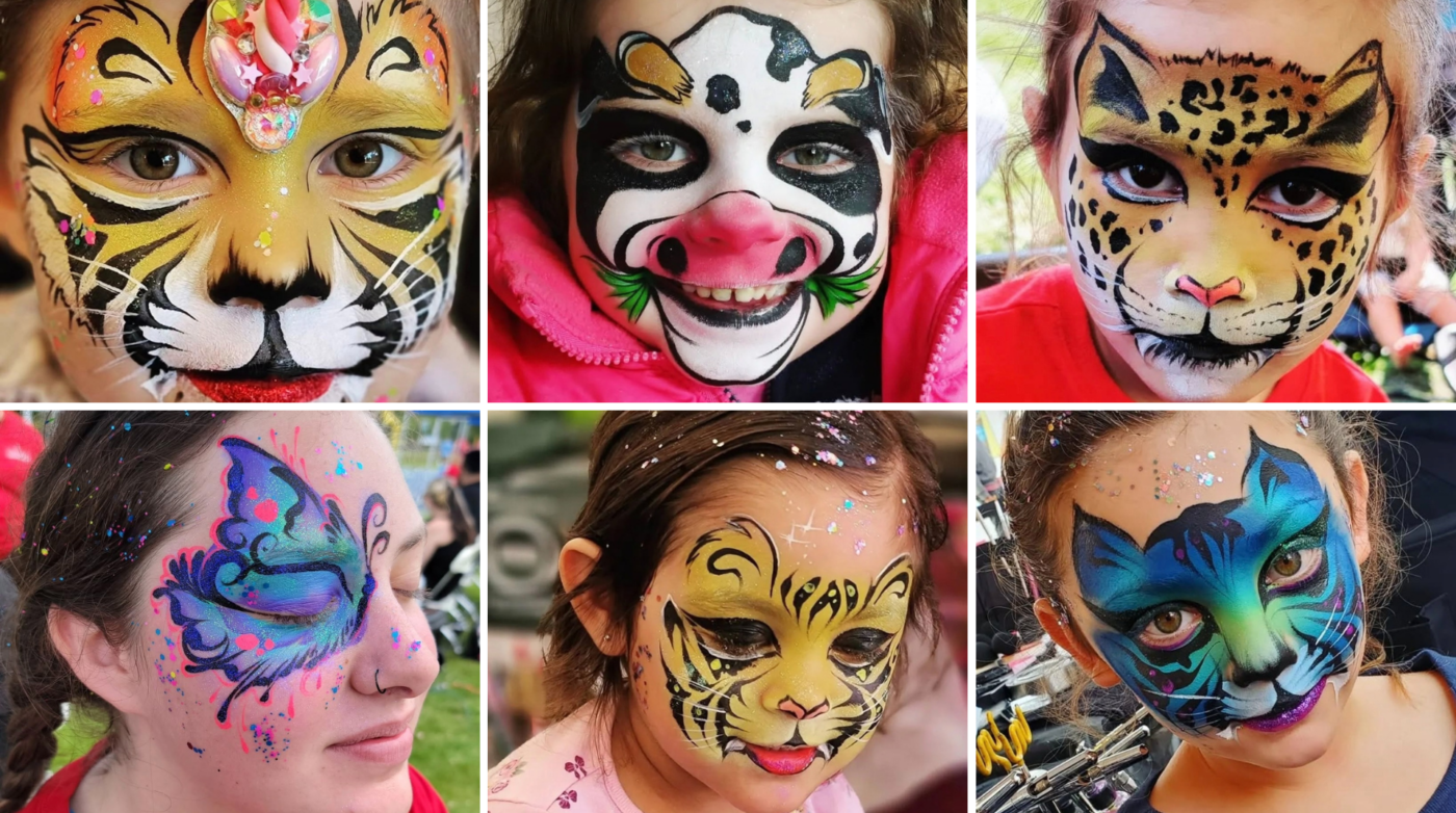 Discover the enchanting world of Face Paint Fantasy, where creativity comes alive with stunning animal and butterfly designs. Meet six talented artists who transform faces into a fierce tiger, a playful cow, an exotic leopard, an enchanting butterfly, another striking tiger, and a captivating cat. Dive into this mesmerizing visual experience that blends art and imagination effortlessly!.