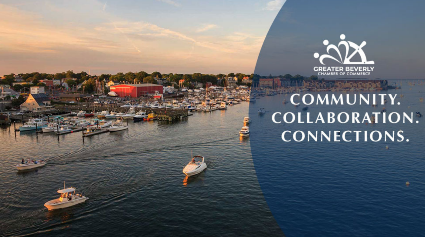 A vibrant harbor sunset with lively boats and a welcoming town, spotlighting Essex County’s creative spirit. “Community. Collaboration. Connections.” shines over the scene, alongside the Greater Beverly Chamber of Commerce logo.