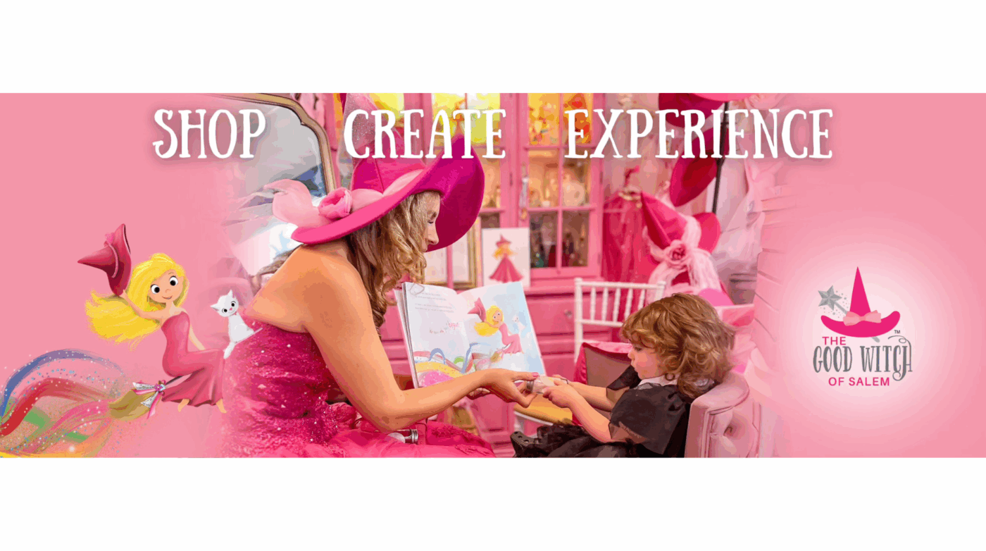 A joyful pink-costumed Good Witch of Salem inspires a girl at our lively, creative shop—Essex County’s hub for magical community fun.