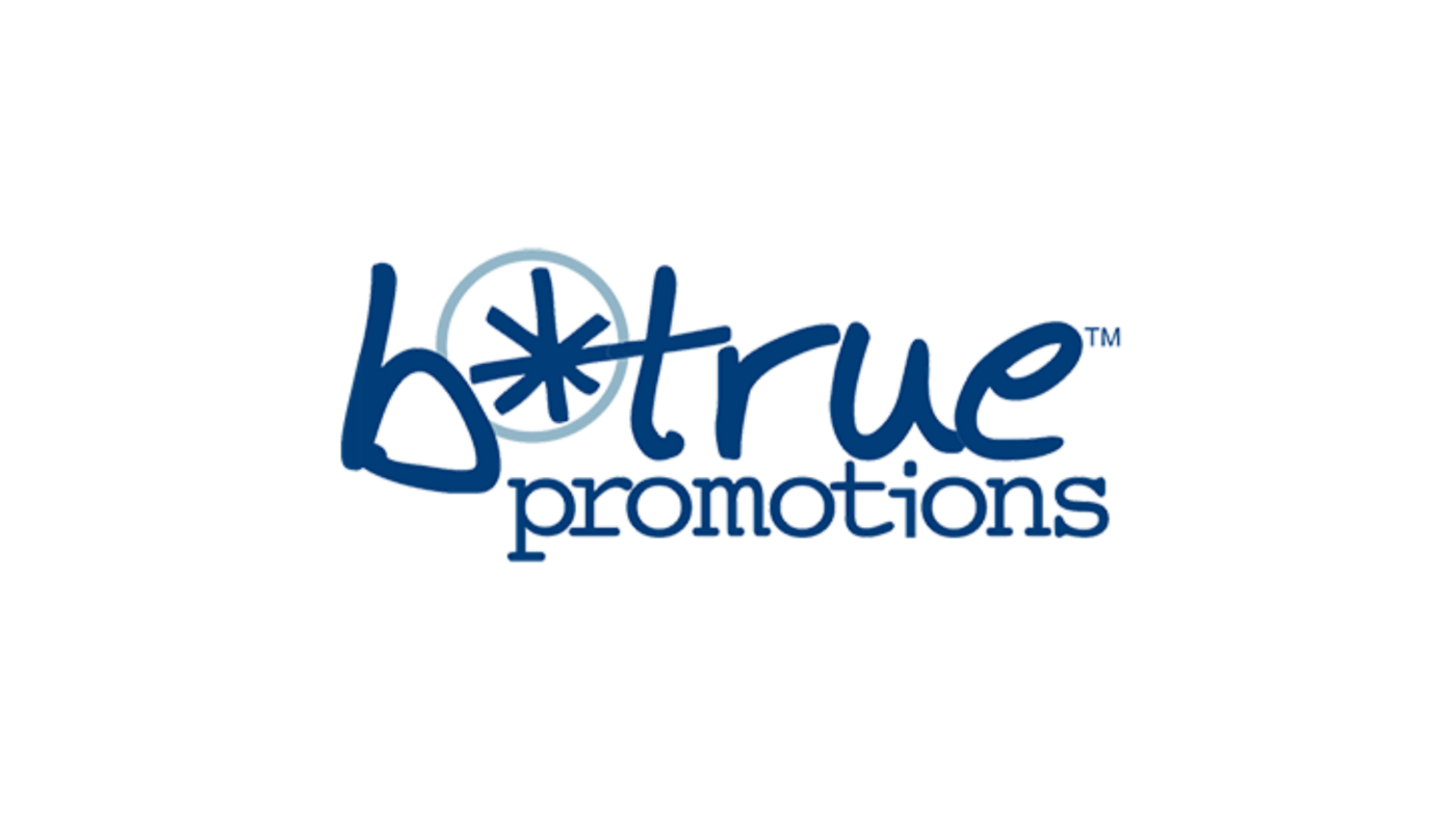 The b*true promotions logo showcases bold blue lettering beautifully interwoven with a circular asterisk, perfectly capturing the brand's unique essence.