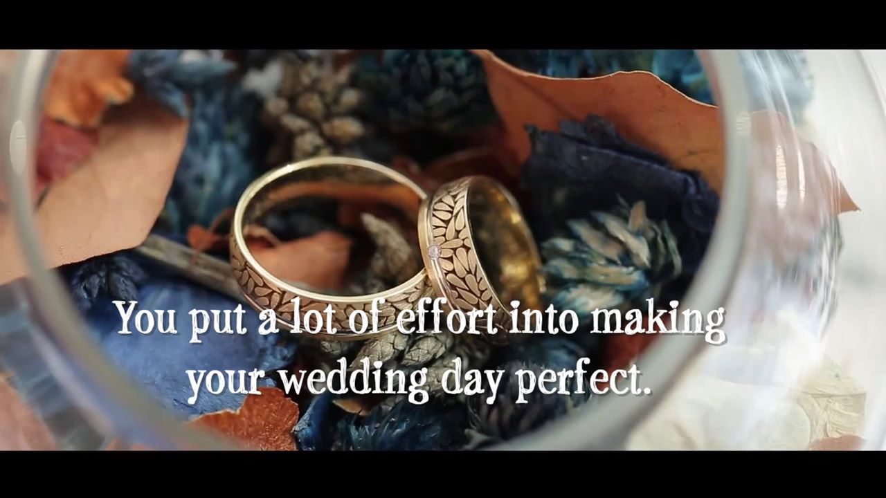 two wedding rings sit in a glass bowl of potpurri. The text on the image reads "you put a lot of effort into making your wedding day perfect."