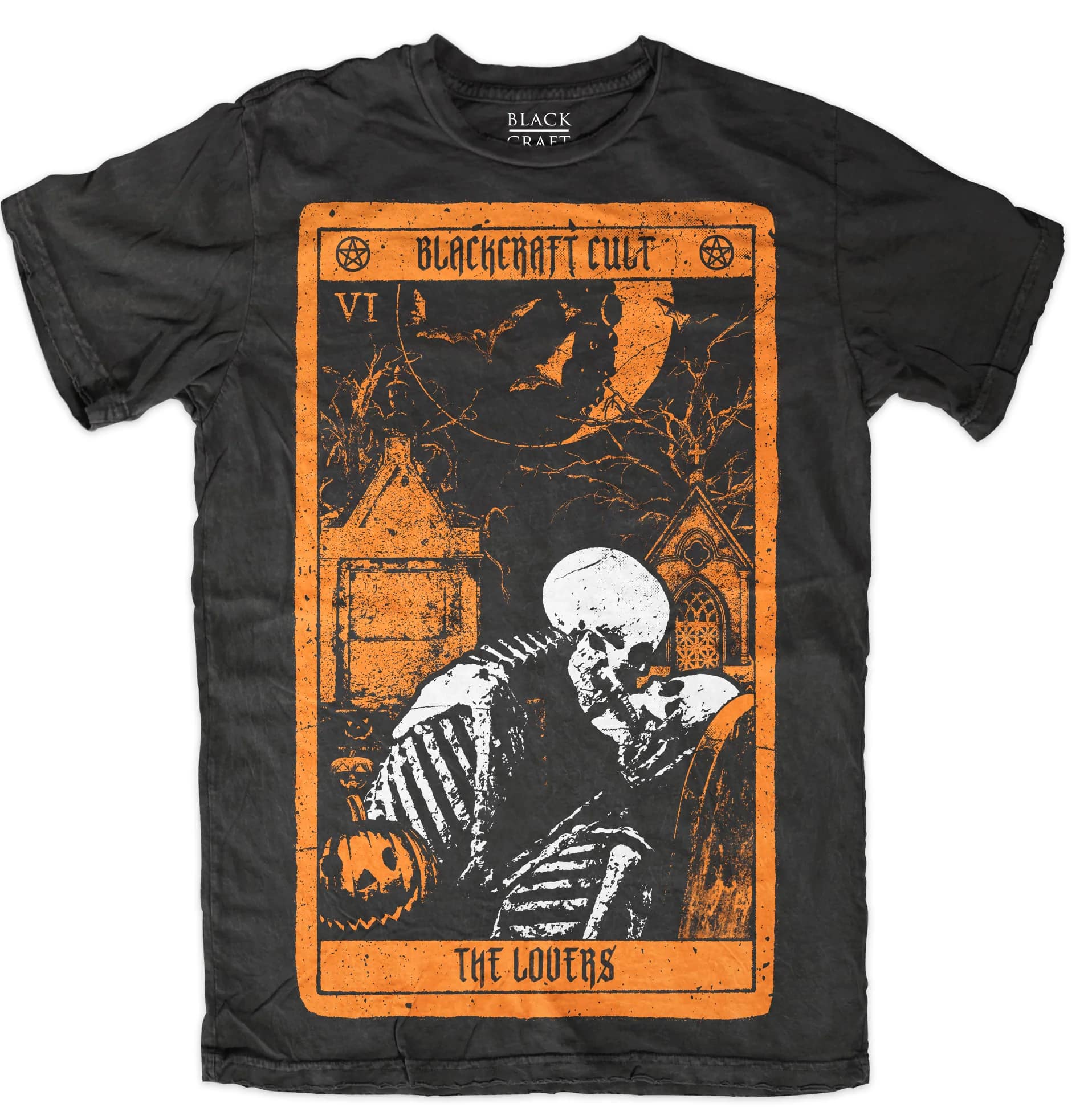 black shirt depicts blackcraft cult "the lovers" tarot card with two skeletons kissing