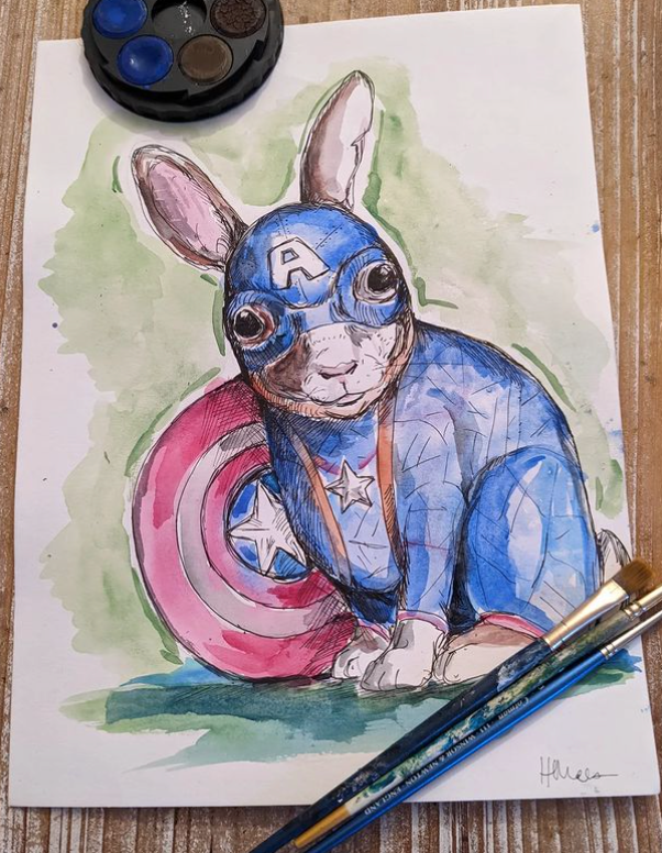 a small painting depicts a rabbit dressed as captain america