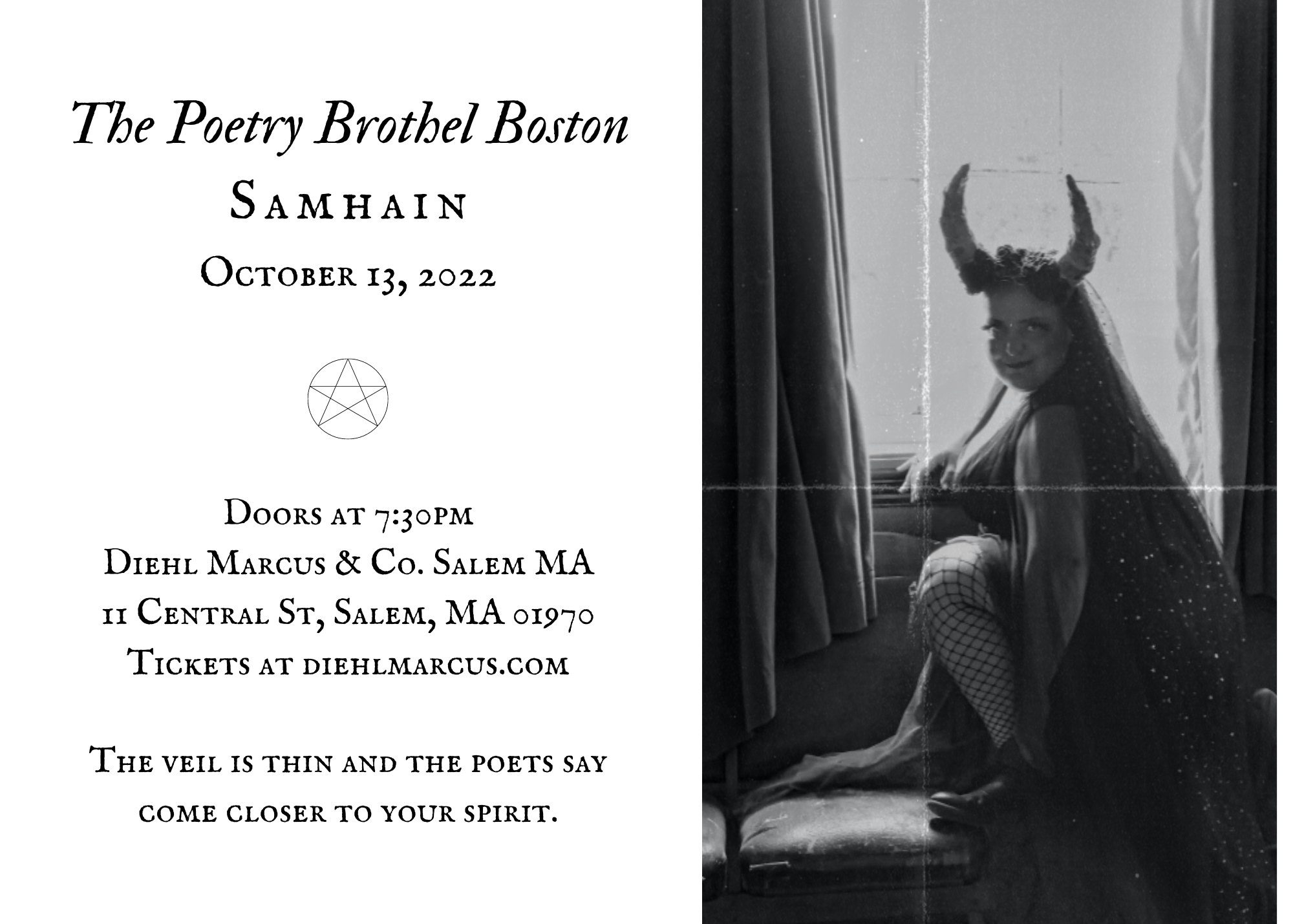 Visual ad for the poetry brothel featuring the event description and the black and white image of a woman wearing a veil and horns